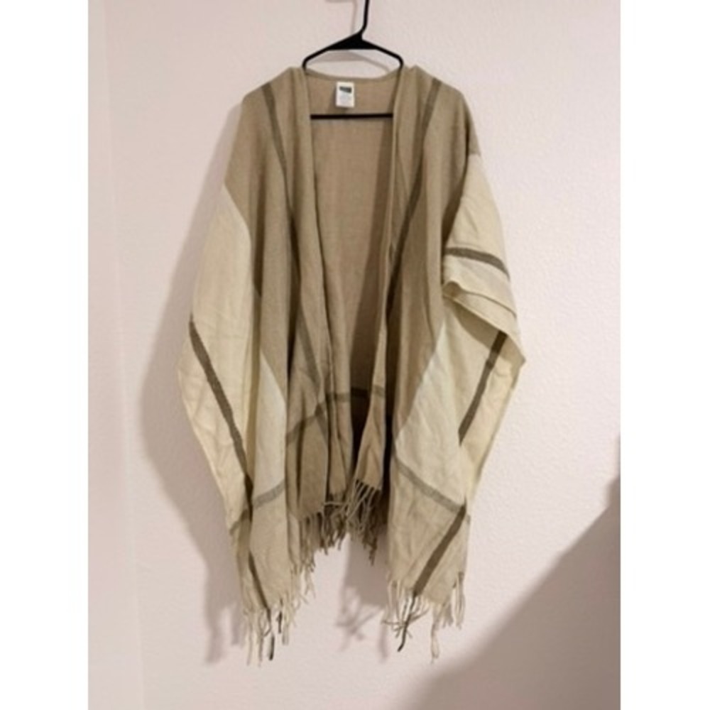 Woolrich Green Label Plaid Fringe Poncho Wrap Tan Cream Herringbone One Size